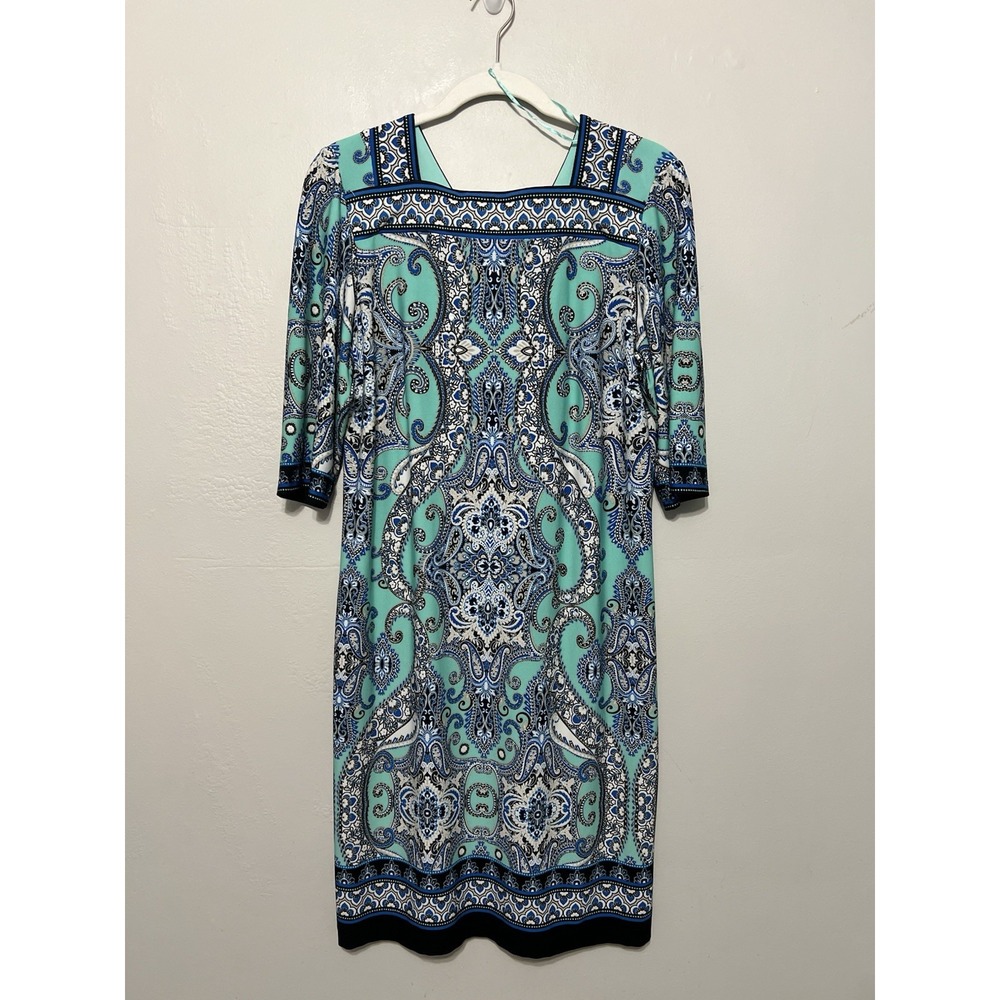 Teal Blue White Beige‎ Paisley Artsy Career Professional Office Dress L